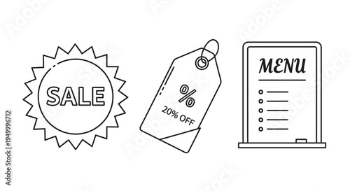 A simple black and white line art illustration featuring three distinct icons: a 'SALE' badge, a price tag with '20% OFF', and a menu board.