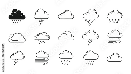 Weather forecast icons set with clouds rain wind and lightning storm symbols