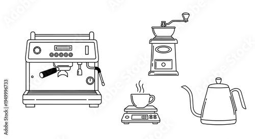A collection of essential coffee brewing equipment, including an espresso machine, a manual coffee grinder, a digital scale with a steaming cup, and a gooseneck kettle.