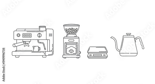 A minimalist line art illustration showcasing essential coffee brewing equipment, including an espresso machine, coffee grinder, scale, and gooseneck kettle.