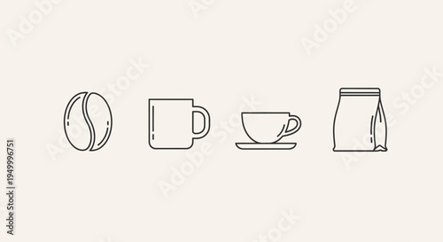 A minimalist illustration featuring a coffee bean, a mug, a teacup on a saucer, and a coffee bag, all rendered in a clean, thin-line outline style against a neutral background.