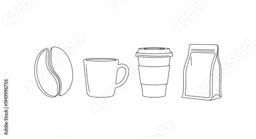 A minimalist line art illustration showcasing a coffee bean, a ceramic mug, a disposable coffee cup with a sleeve, and a sealed coffee bag, all presented against a clean white background.