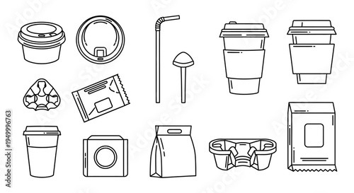 A collection of line art illustrations depicting various disposable coffee shop items, including cups, lids, straws, sugar packets, and bags, presented on a white background.
