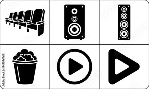 A graphic illustration of movie theater icons in silhouette mode, featuring a row of chairs, speakers, popcorn bucket, and play buttons, creating a cinematic feel.