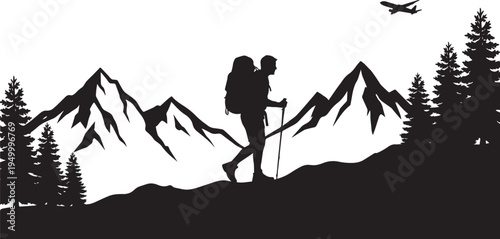 A silhouette of a lone backpacker hiking through rugged mountains with an airplane in the sky Vector, illustration