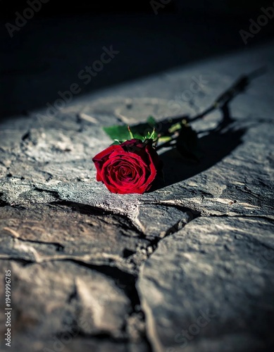 Single red rose lying on a weathered stone surface, illuminated by a dramatic shaft of light, symbolizing love, loss, or remembrance.