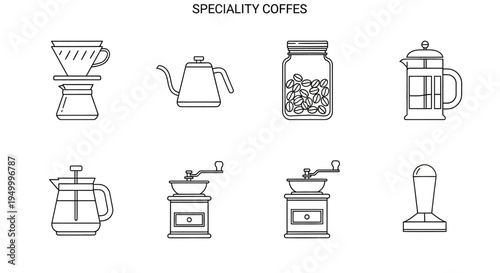 Collection of line art icons representing various coffee brewing equipment and accessories, including pour-over drippers, kettles, grinders, and French presses.