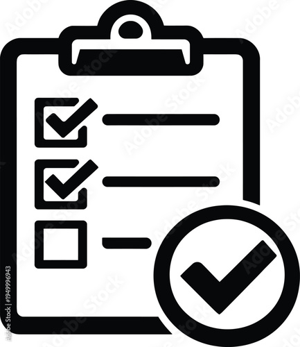 Checklist with tick marks on clipboard icon, task completion symbol, and approved