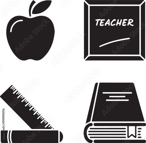 Apple and school supplies for teacher blackboard with text teacher