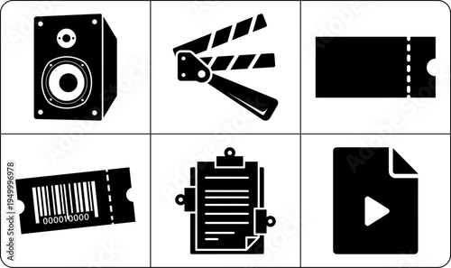 A set of black and white film and movie making icons including a clapperboard, speaker, ticket, barcode, script and play button, shown in silhouette.