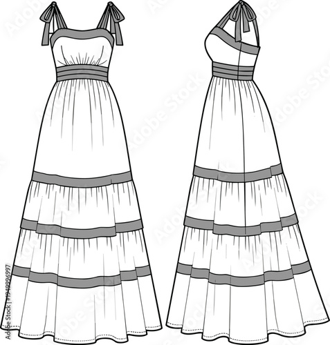 Long sleeveless tiered dress, tied shoulder straps, fitted bodice, waistband detail, fashion apparel clothing design illustration front side view – flavector