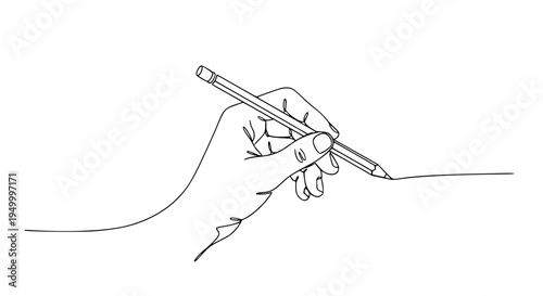 hand holding a pencil, minimalist line art vector illustration, continuous single line drawing, outline style, isolated on white background, editable stroke