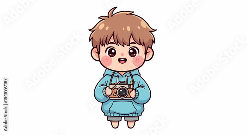 A cheerful cartoon boy holding a camera with a blue outfit on a white background.