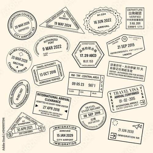 Passport stamps travel adventure collection vector elements