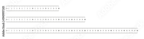 Set of metric rulers 20, 30 and 50 centimeters with millimeter scale. PNG. Vector