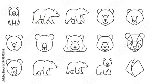 Bear character vector line icons set including grizzly and polar variations