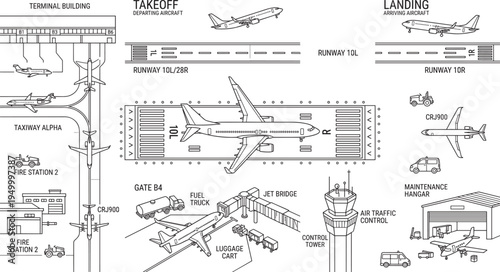 Airport operations infographic, airplane runway landing takeoff terminal control tower aviation vector diagram illustration