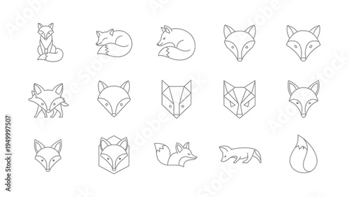 Fox animal vector line icons collection including sitting and sleeping poses