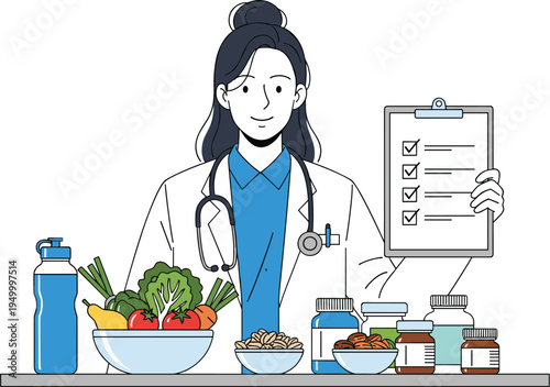 Female doctor holding medical checklist with healthy food vegetables vitamins and supplements healthcare vector illustration