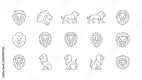 Set of stylized lion head icons and full body lion illustrations outline art