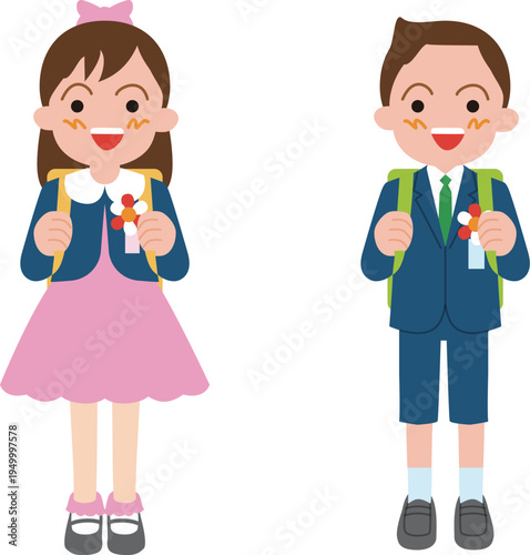 日本の小学校の入学式。正装した笑顔の男の子と女の子のイラスト。