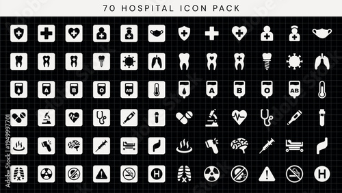 Hospital icon pack with 70 medical icons. Includes hospital symbols, medical tools, and health icons. Perfect for hospital, medical, and health projects. User interface icon vector set.