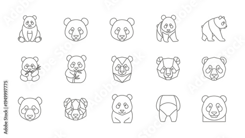 Set of vector outline icons of pandas, different poses and views, panda head logo icon