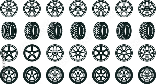 Automotive wheel rim and tire silhouette set, car alloy rim collection with tread patterns vector icon bundle