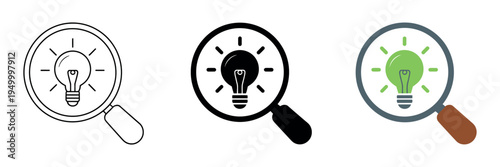 Bulb icon set with magnifying glass symbol representing idea search, innovation discovery and creative thinking illustration