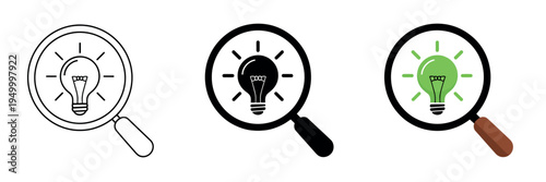 Bulb icon collection with magnifying glass symbol representing idea search, creativity discovery and innovation concept illustration