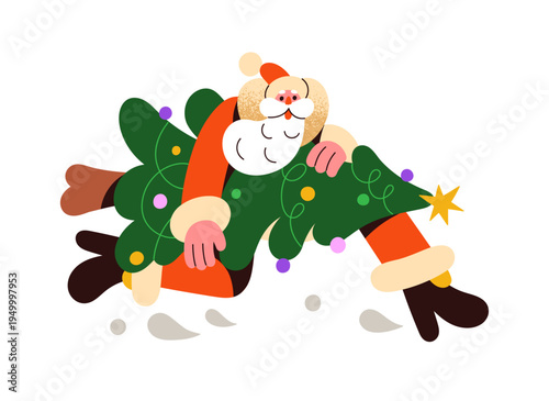 Santa Claus carries Christmas tree. Xmas character runs with decorated pine. Winter holidays' old man hurries up with firtree with garland, balls. Flat isolated vector illustration on white background