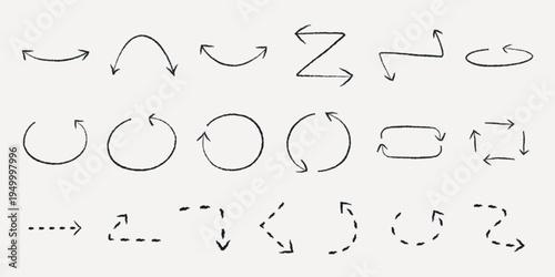 Various hand-drawn arrows in different styles and directions. Curved arrows, straight arrows, and dashed arrows create dynamic movement and flow. Element vector set.