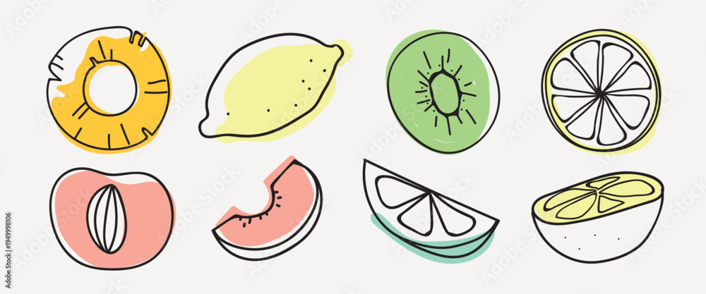Naklejka premium Colorful fruit illustrations: pineapple, lemon, kiwi, orange, peach, watermelon. Vibrant fruit drawings, showcasing citrus and tropical fruits. Fresh fruit art. Summer illustrations, element vectors.