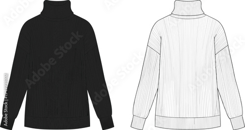 Turtleneck sweater, ribbed knit, fashion illustration, garment sketch, long sleeves, ribbed cuffs, ribbed hem, apparel design, modern clothing, stylish outfit