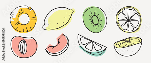 Colorful fruit illustrations: pineapple, lemon, kiwi, orange, peach, watermelon. Vibrant fruit drawings, showcasing citrus and tropical fruits. Fresh fruit art. Summer illustrations, element vectors.
