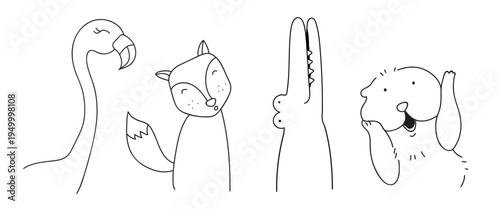 Cute animal illustrations: flamingo, fox, crocodile, and beaver. Simple, playful animal designs in black and white. Fun, cartoon animal characters. Animal illustrations, isolated element vector set.
