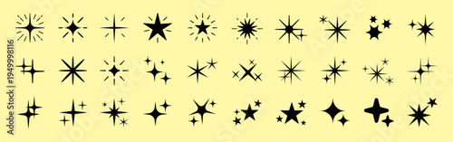 A collection of black star and sparkle icons on a yellow background. Star icons, sparkle icons, and star shapes in various styles and sizes. Sparkles element vector set.