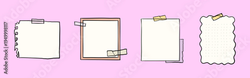 Illustration of four blank paper notes with tape on a pink background. Each note has a unique border design. Perfect for note-taking or scrapbooking. Memo element vector set.