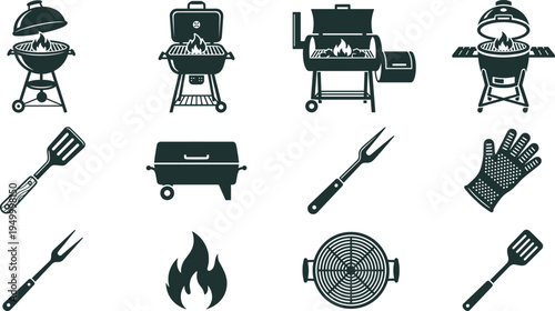 BBQ grill and barbecue tools icon set, outdoor cooking smoker spatula fork fire glove silhouette