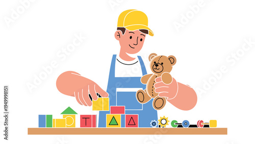 Building Blocks of Playtime: A youthful figure engrossed in a world of imagination, meticulously arranging vibrant blocks and cradling a cherished teddy bear, a scene of creative exploration.