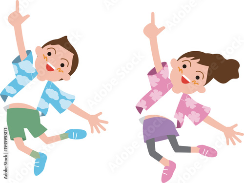 日本の小学生の男の子と女の子。笑顔でジャンプしてるイラスト。