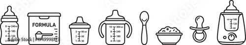 Baby feeding equipment icons set, bottle formula container spoon pacifier warmer infant care vector collection