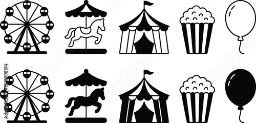 Amusement park carnival icon set with ferris wheel carousel horse circus tent popcorn and balloon, funfair entertainment outline and solid vector icons