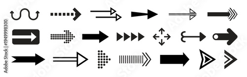 Collection of black arrows in various styles. Arrows pointing in different directions. Diverse arrow designs for navigation and direction. Element vector set.