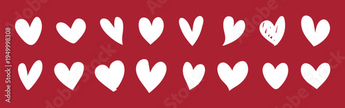 White hearts pattern on a red background. Hearts are evenly spaced. Red and white create a bold contrast. Heart shapes vary slightly in design. Valentine's element vector set.