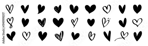 A collection of 24 black heart icons in various styles. Heart icons in different shapes and designs. Perfect for love-themed projects. Heart icons for decoration. Valentine's element vector set.