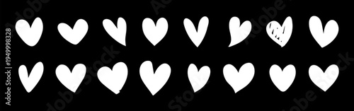 A row of 16 white hearts on a black background. Each heart is simple and uniform, except one with a unique pattern. Hearts, black background, unique pattern. Valentine's element vector set.