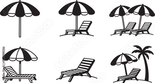 Beach umbrella and sun lounger icons set, tropical seaside relaxation summer vacation vector illustration collection