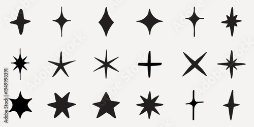 Set of black star shapes in various styles. Includes different star designs, each with unique points and angles. Simple black star icons on a light background. Doodle star set.