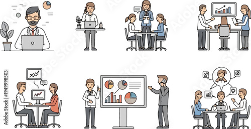 Diverse business scenes meetings, presentations, individual work, and discussions